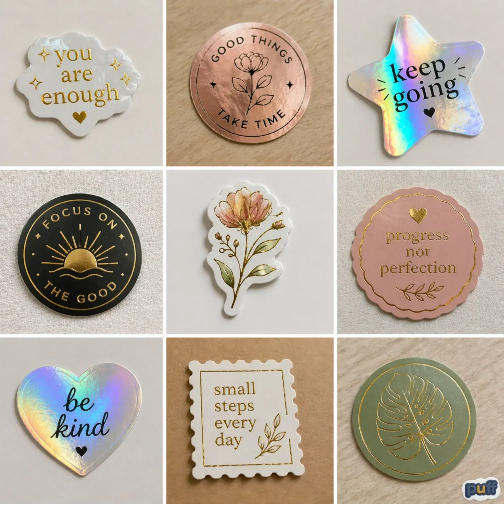 A 3x3 grid display of nine different stickers featuring various foil colors and shapes.