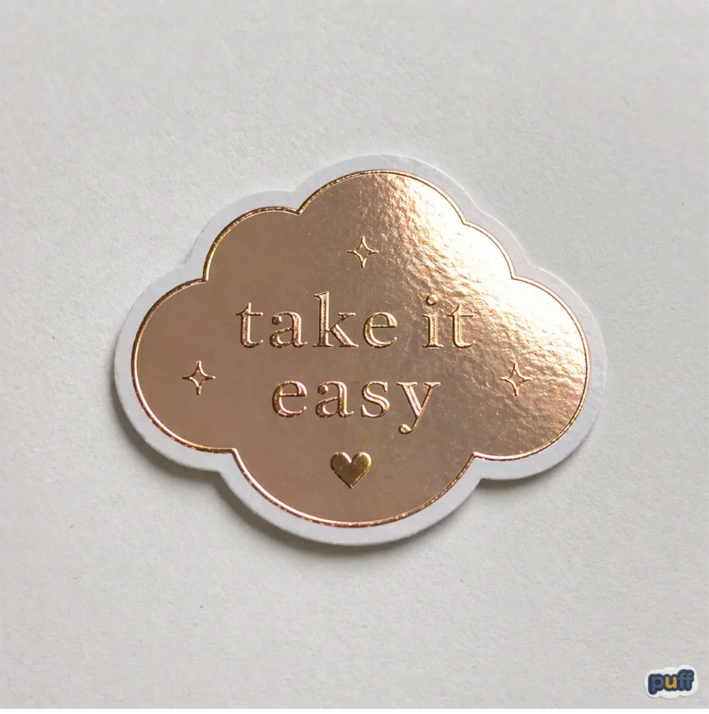A cloud-shaped rose gold metallic sticker with the words "take it easy" and a small heart printed in a mirrored copper finish on a white background.