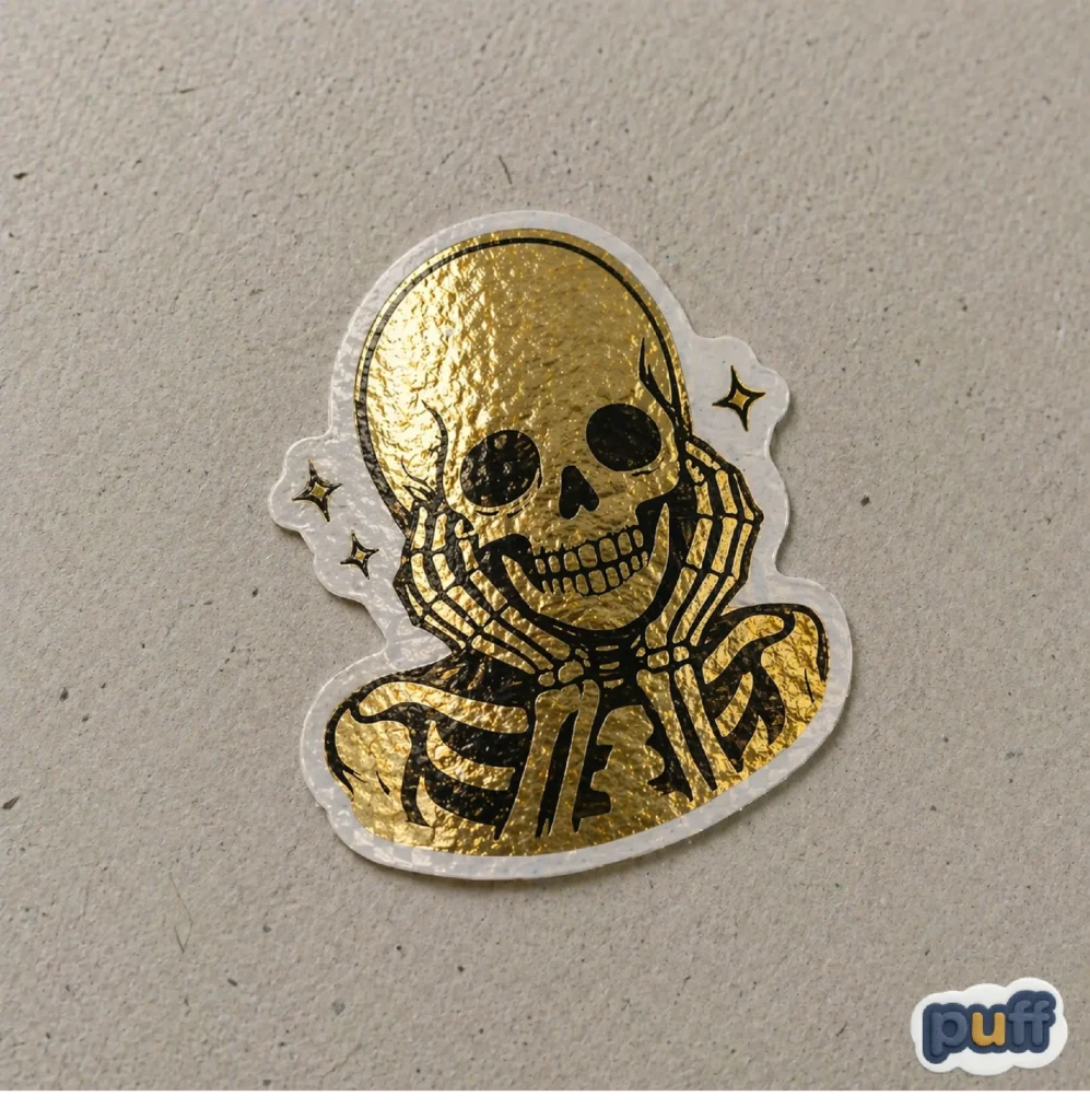 A die-cut gold foil sticker of a skeleton resting its head on its hands on a neutral grey background, featuring a highly reflective and textured metallic surface.