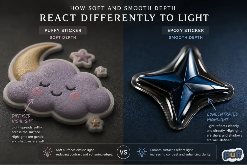 Comparing how light reflects off a soft purple cloud 3D label and a high-contrast blue star epoxy sticker with sharp highlights.