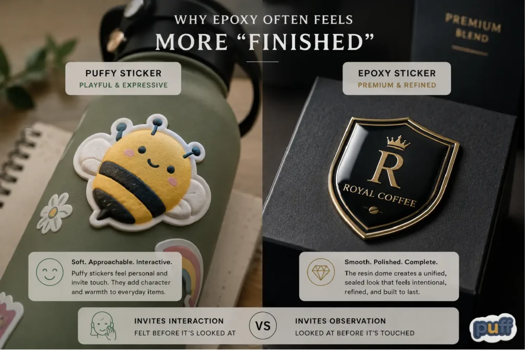 A playful bee puffy sticker on a water bottle contrasted with a professional "Royal Coffee" black and gold epoxy brand label.