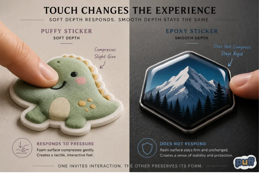 A finger pressing into a soft green dinosaur puffy sticker to show foam compression next to a rigid mountain-themed epoxy sticker.