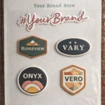 Vertical product sheet of professional PU embossed labels for brands like Ridgeview, Onyx, and Vero. The labels demonstrate a structured, multi-layer build with a fine grain texture and clean, die-cut edges.