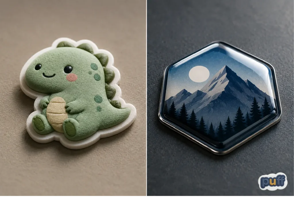 Close-up detail of a textured green dinosaur foam sticker and a clear, domed hexagonal mountain epoxy sticker.