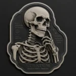 A highly detailed 3D PU embossed label titled "Stratum" featuring an anatomical skeleton design. The image showcases deep material depth, layered internal structures, and a matte charcoal and bone-white finish.