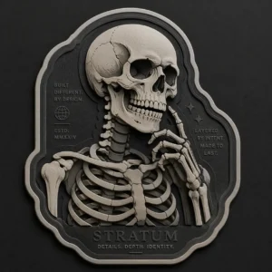 A highly detailed 3D PU embossed label titled "Stratum" featuring an anatomical skeleton design. The image showcases deep material depth, layered internal structures, and a matte charcoal and bone-white finish.