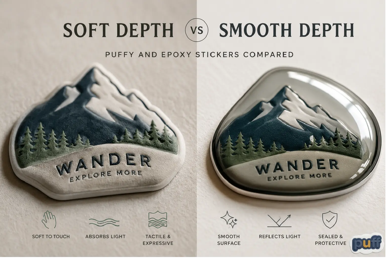 A side-by-side comparison of a matte 'Wander' puffy sticker showing soft depth and a glossy 'Wander' epoxy sticker showing smooth depth.