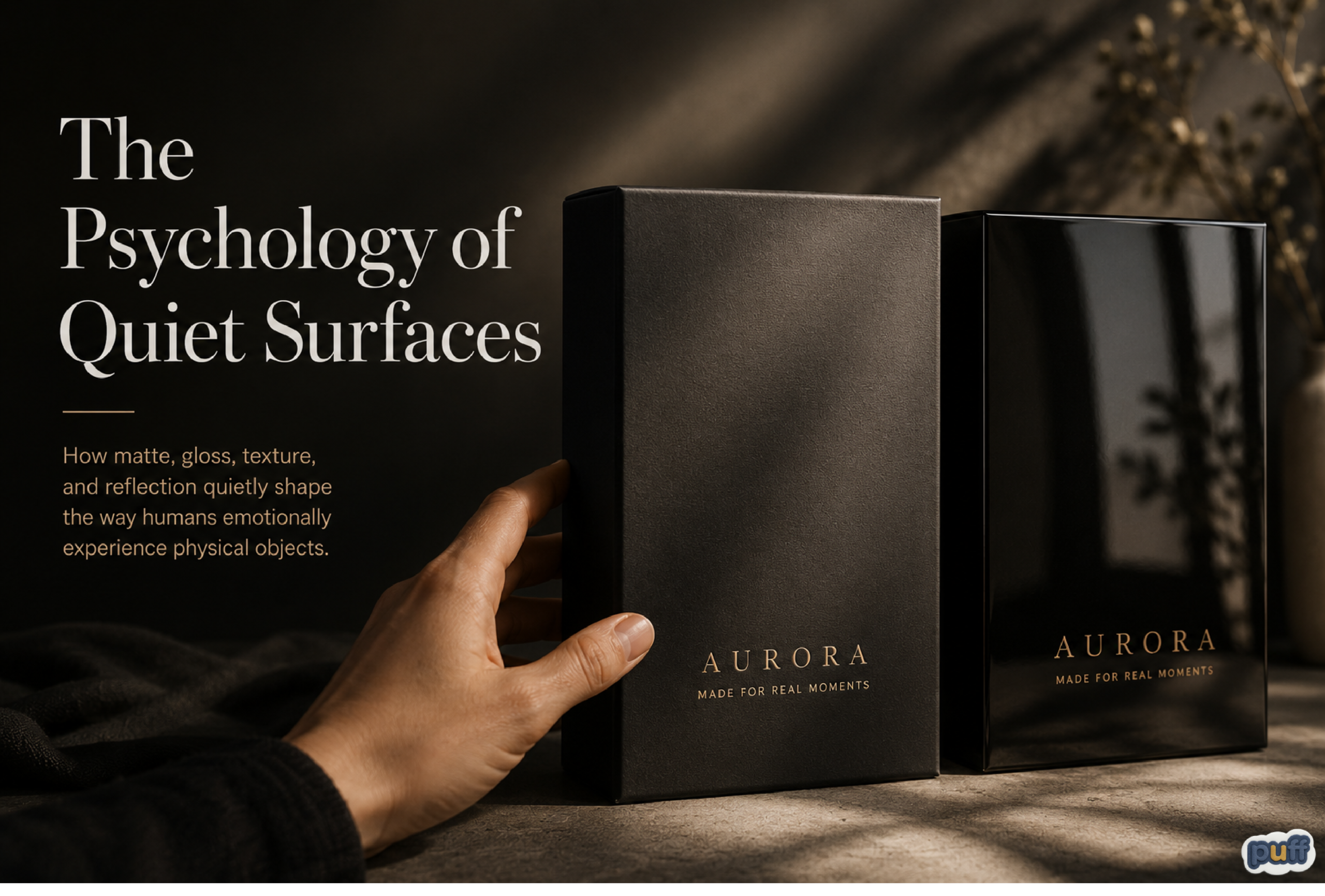 Matte vs gloss packaging comparison showing quiet luxury design, tactile branding, texture psychology, soft-touch packaging, reflective surfaces, and emotional material perception.