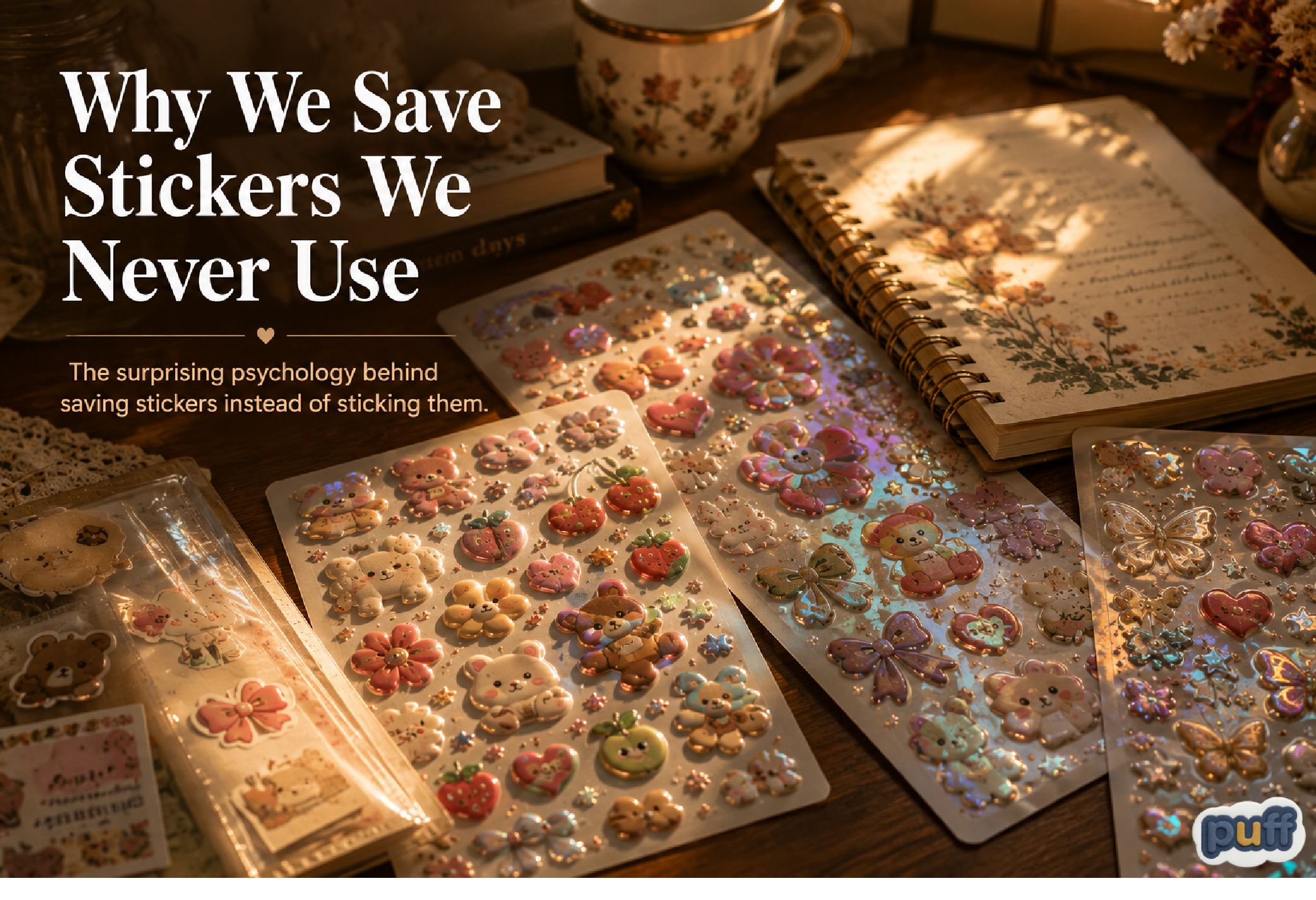 Flat lay of pastel holographic puffy sticker sheets featuring cute bears and flowers spread across a wooden desk next to an open vintage floral notebook under warm sunlight.