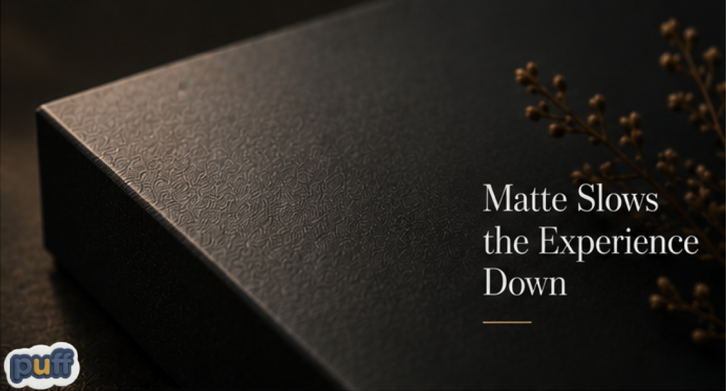 Textured matte packaging surface demonstrating matte psychology, reduced reflection, tactile branding, quiet luxury packaging, and calm material perception.