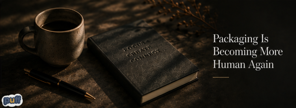 Human-centered packaging scene featuring tactile materials, sensory branding, quiet luxury, texture psychology, material perception, and emotional product design.