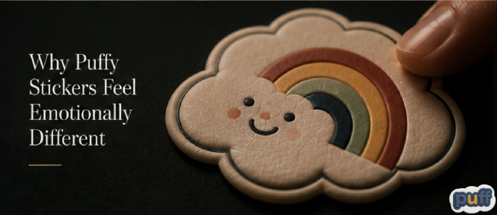 Close-up of a puffy sticker with raised texture and soft depth demonstrating sticker psychology, tactile branding, sensory design, nostalgic packaging, emotional attachment, and dimensional sticker experiences.