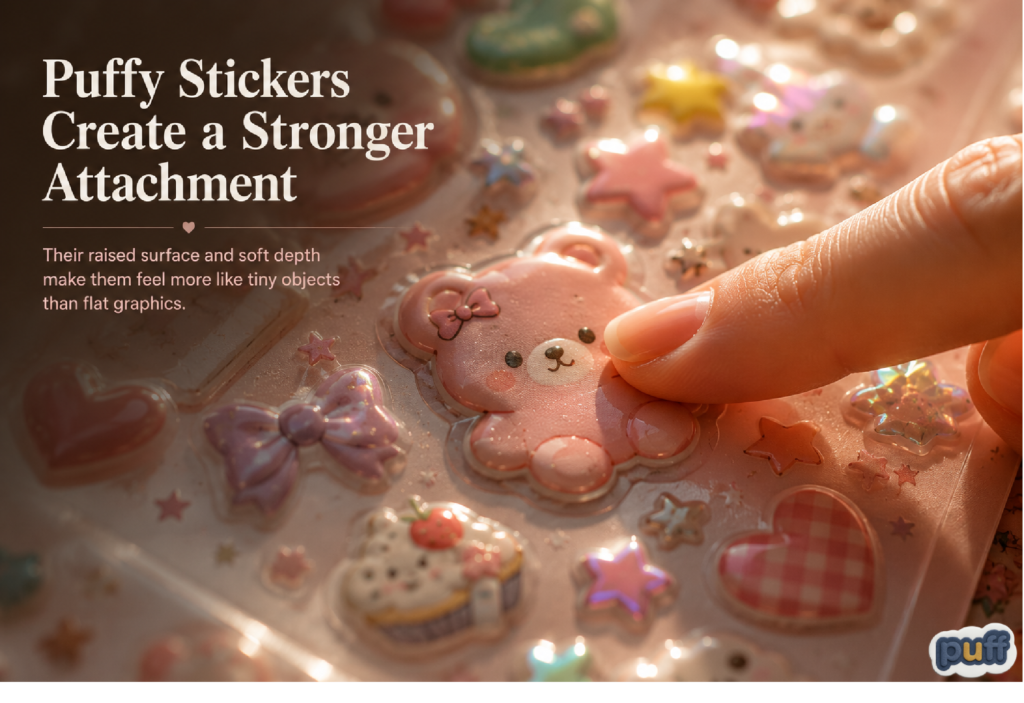 Why We Save Stickers We Never Use: The Psychology Behind Unused Stickers 2 Macro close-up of a finger pressing down on a raised, shiny pink puffy bear sticker to demonstrate the tactile sensory depth of 3D sticker textures.