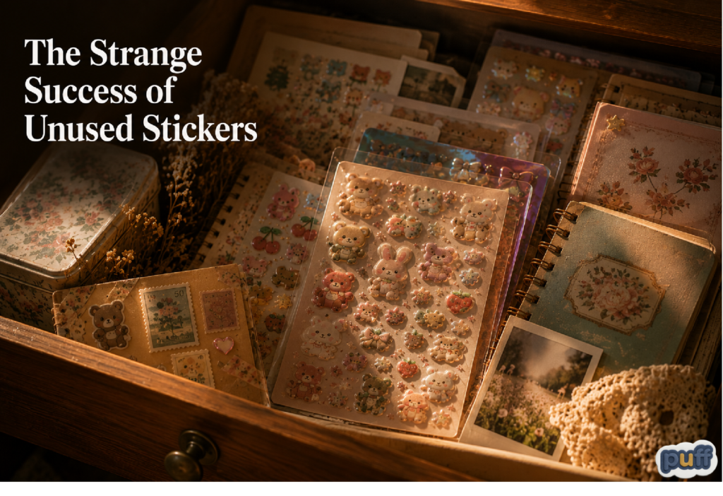 Why We Save Stickers We Never Use: The Psychology Behind Unused Stickers 4 A cozy wooden desk drawer pulled open, neatly packed with collectible puffy sticker sheets, vintage floral journals, old stamps, and a polaroid photograph.