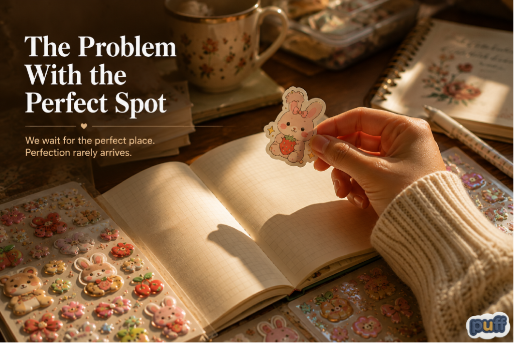 Why We Save Stickers We Never Use: The Psychology Behind Unused Stickers 1 A person wearing a cozy knit sweater holds a die-cut bunny sticker over the blank grid pages of an open journal, hesitant to peel and place it.
