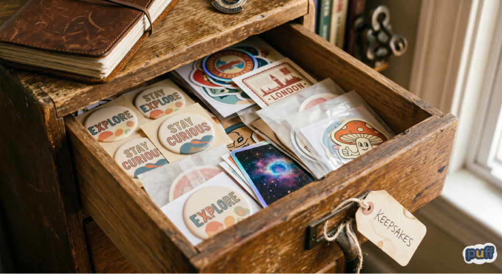 Why We Save Stickers We Never Use: The Psychology Behind Unused Stickers 3 An open vintage wooden drawer labeled Keepsakes filled with an organized collection of retro round stickers saying Stay Curious and Explore, alongside travel stamps, a mushroom design, and a galaxy card.
