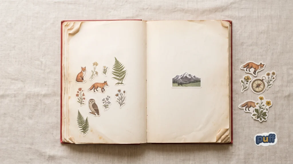 Open sticker book with a cluster of illustrated fox and fern stickers and a single mountain sticker on an otherwise blank page.