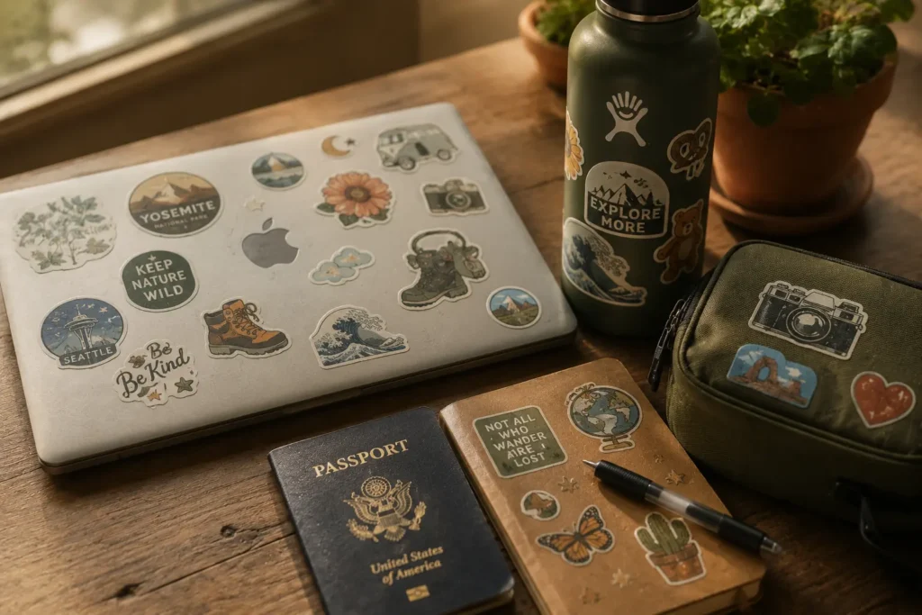 Laptop, water bottle, and passport covered in travel and nature stickers