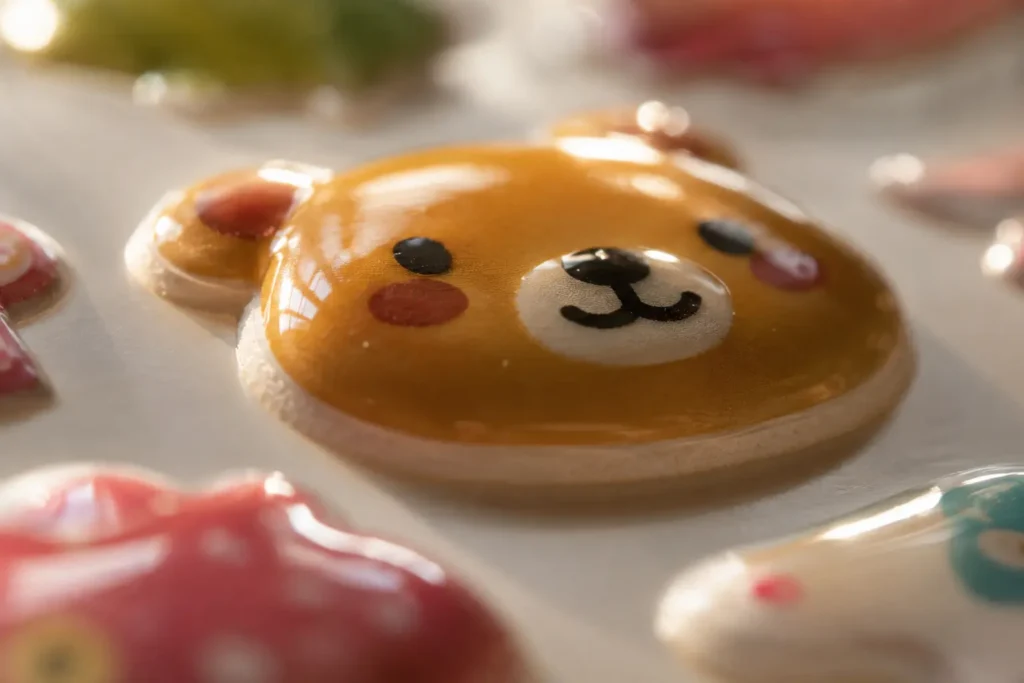 Macro close-up of a glossy puffy sticker showing its raised foam texture
