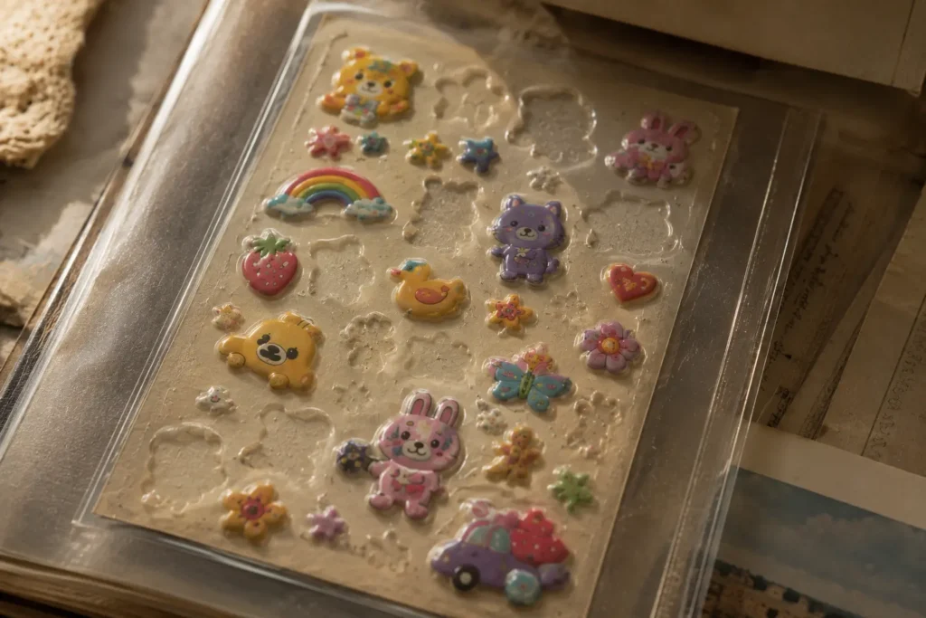 Partially used puffy sticker sheet with empty outlines where stickers have been removed