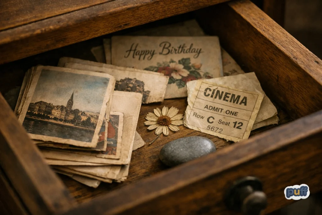 Wooden drawer holding vintage postcards, a cinema ticket, a birthday card, a dried pressed flower, and a smooth stone.