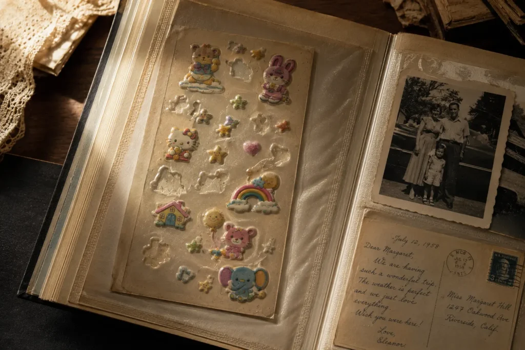 Puffy sticker sheet preserved in an archival photo album next to a vintage family photo and postcard