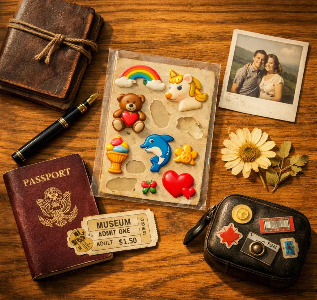Puffy sticker sheet arranged with a travel journal, passport, and museum ticket in a flat lay