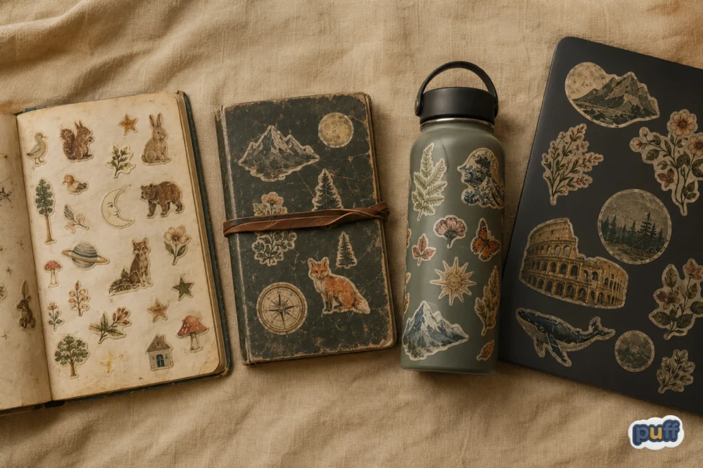 Sticker book, travel journal, water bottle, and laptop corner all decorated with illustrated stickers on a linen surface.