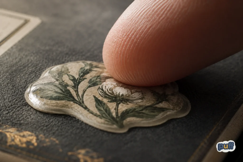 Fingertip gently pressing the raised dome surface of a puffy botanical sticker on a dark leather journal cover.