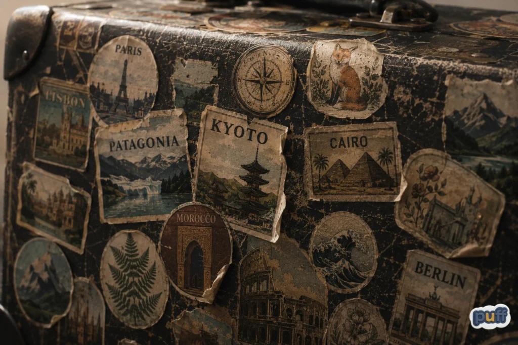Close-up of a worn suitcase covered in layered vintage travel stickers from Paris, Kyoto, Cairo, and Berlin.