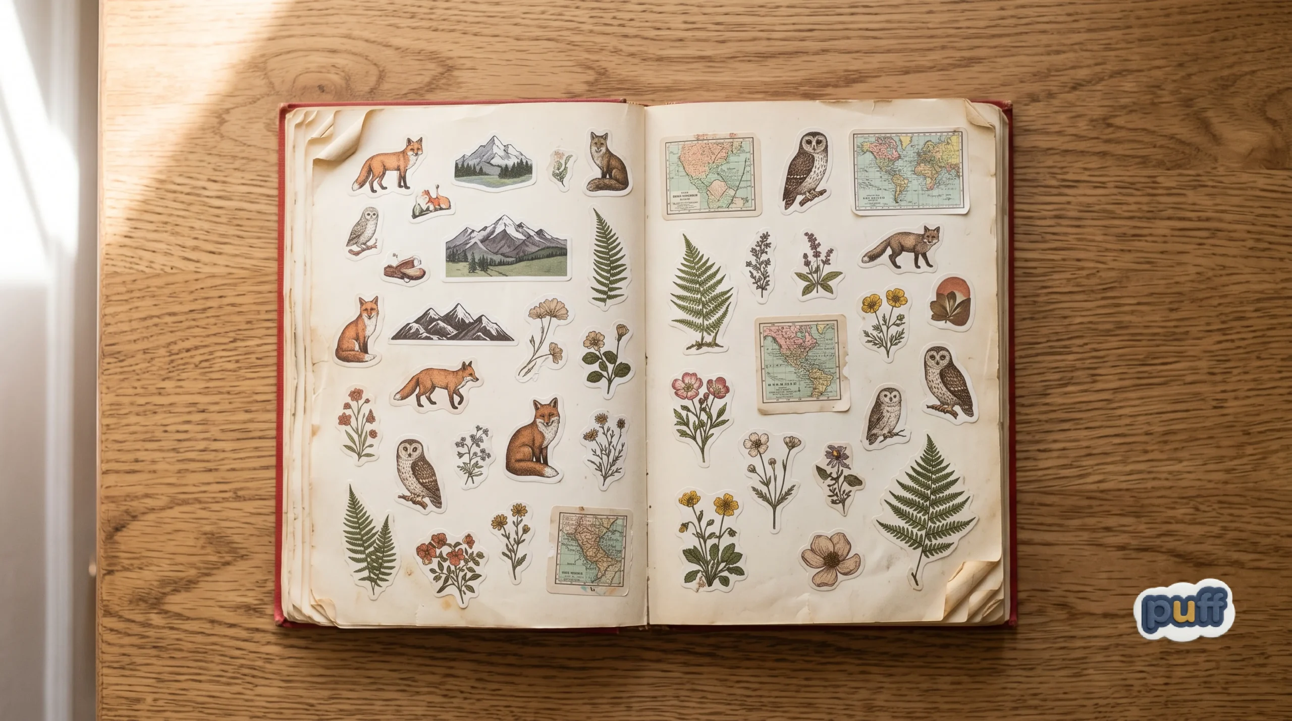 Open vintage sticker book filled with illustrated fox, owl, fern, and mountain stickers on a wooden table.