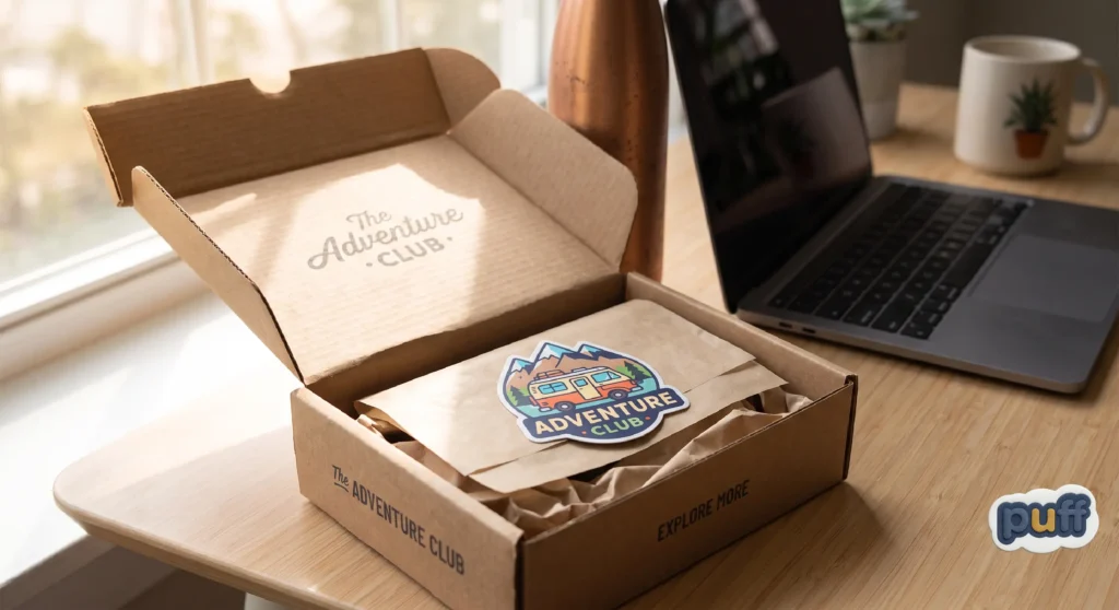 A custom puffy sticker included as a packaging insert inside an opened shipping box