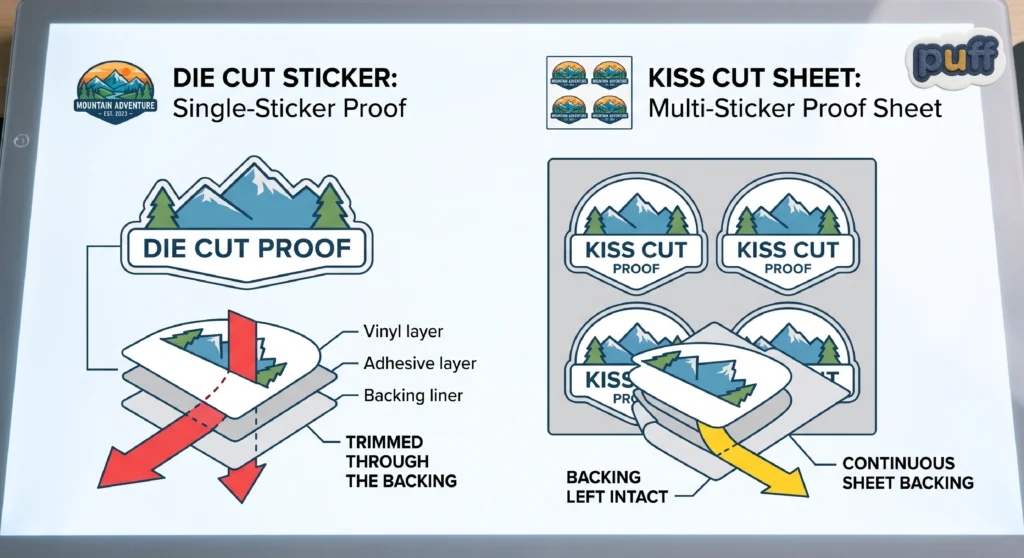 Diagram comparing a die cut sticker, trimmed through the backing, against a kiss cut sheet with the backing left intact