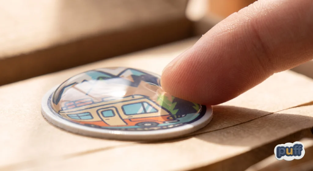 A fingertip resting against the raised edge of a puffy sticker, showing the small shadow created by its dome
