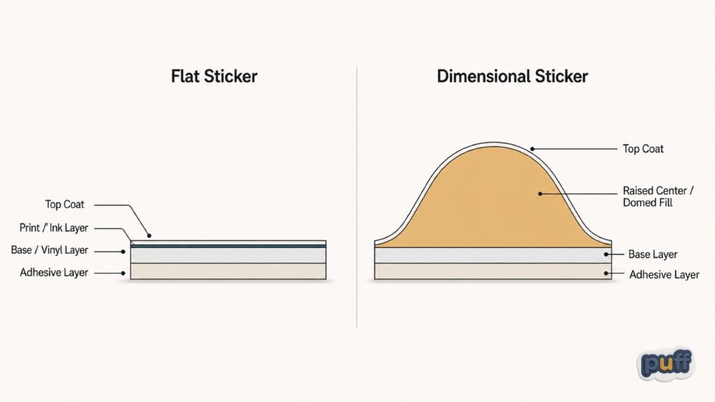 Why Some Custom Stickers Feel Like Objects 2 Diagram comparing the layered cross-section of a flat custom sticker to a raised, domed dimensional sticker