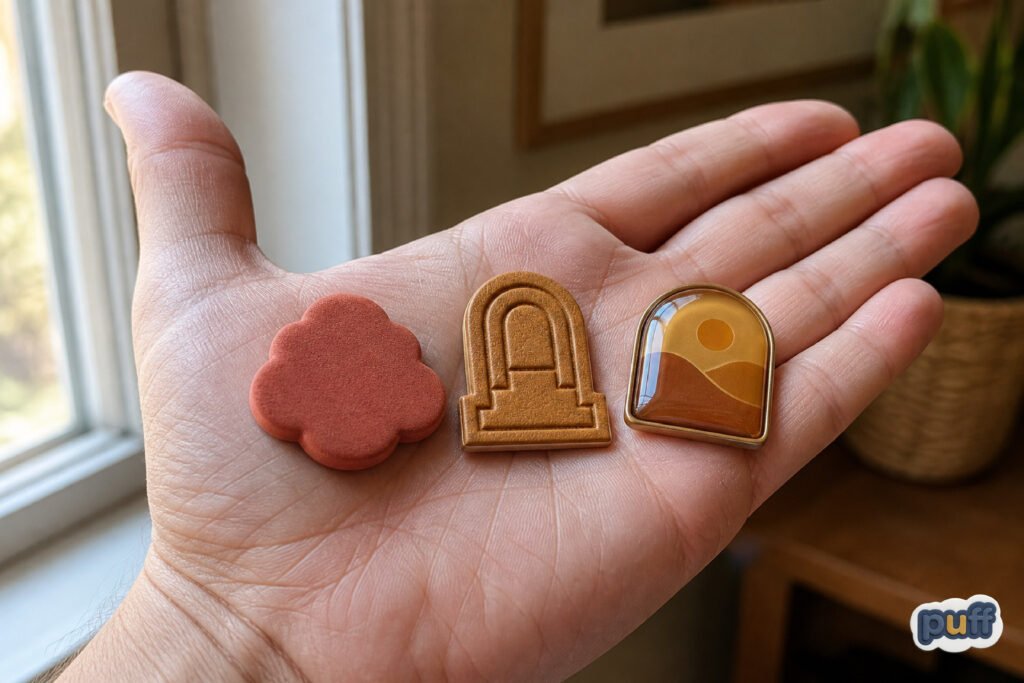 Why Some Custom Stickers Feel Like Objects 3 A hand holding three custom dimensional stickers side by side, showing foam, embossed, and dome sticker textures