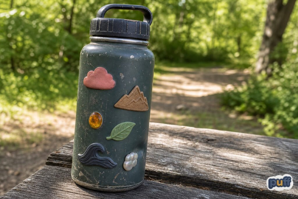 Why Some Custom Stickers Feel Like Objects 4 A well-worn water bottle covered in a small personal collection of dimensional custom stickers outdoors