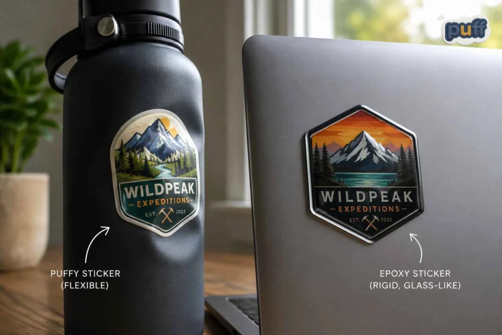 A flexible puffy sticker on a curved water bottle beside a rigid glass like epoxy sticker on a laptop lid