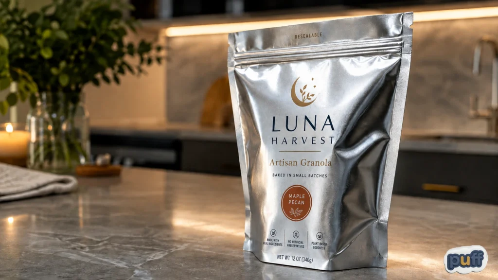 The Complete Guide to Custom Mylar Bags 1 Branded metallic custom mylar stand-up pouch on a kitchen counter with reflective silver finish and warm ambient lighting.