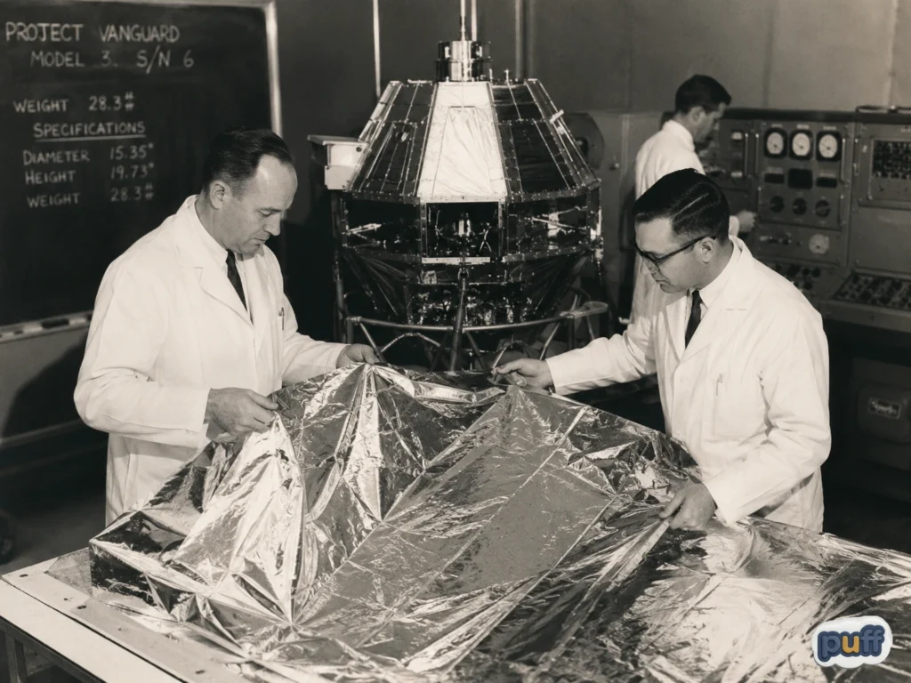 The Complete Guide to Custom Mylar Bags 2 Vintage-style laboratory scene with scientists, early satellite equipment, and reflective metallic film inspired by mid-century space technology.
