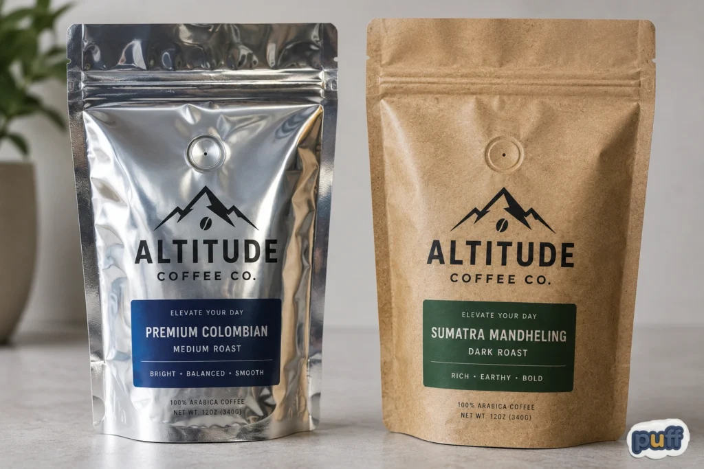 The Complete Guide to Custom Mylar Bags 3 Custom coffee pouches side by side with glossy metallic silver and natural kraft finishes for a direct packaging finish comparison.