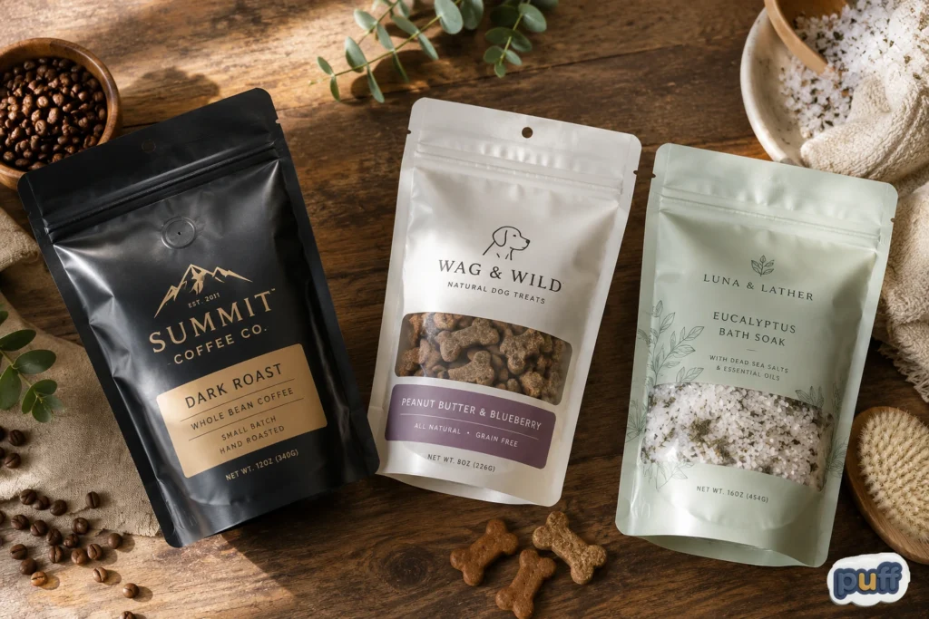 The Complete Guide to Custom Mylar Bags 4 Custom stand-up pouches for coffee, dog treats, and bath salts styled together in different finishes on a warm wooden surface.