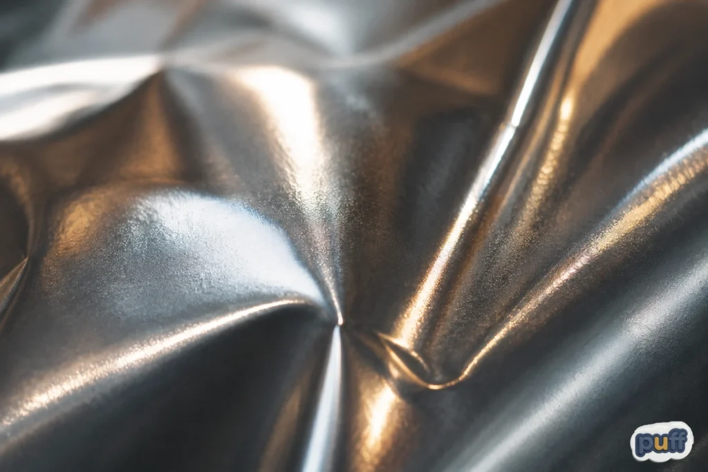The Complete Guide to Custom Mylar Bags 6 Extreme macro view of reflective metallic mylar film with silver folds, warm highlights, cool reflections, and fine surface texture.