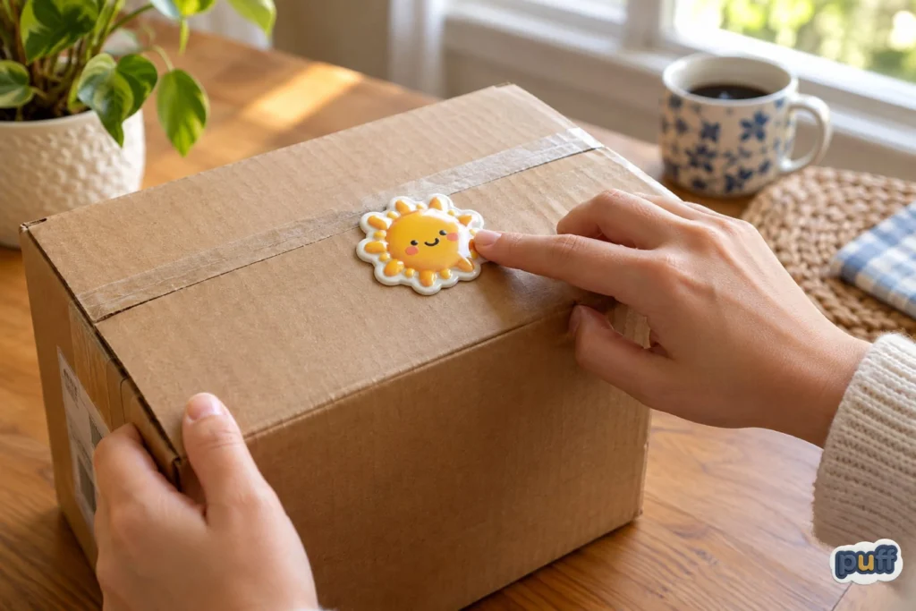 The Reflex to Touch a Raised Surface 3 Hands opening a cardboard shipping box sealed with a glossy sun-shaped puffy sticker, showcasing custom packaging decoration, branded shipping materials, and enhanced unboxing experiences.