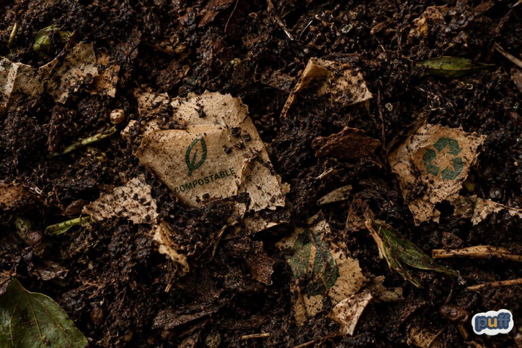 Torn pieces of compostable kraft packaging with eco symbols breaking down in dark compost soil