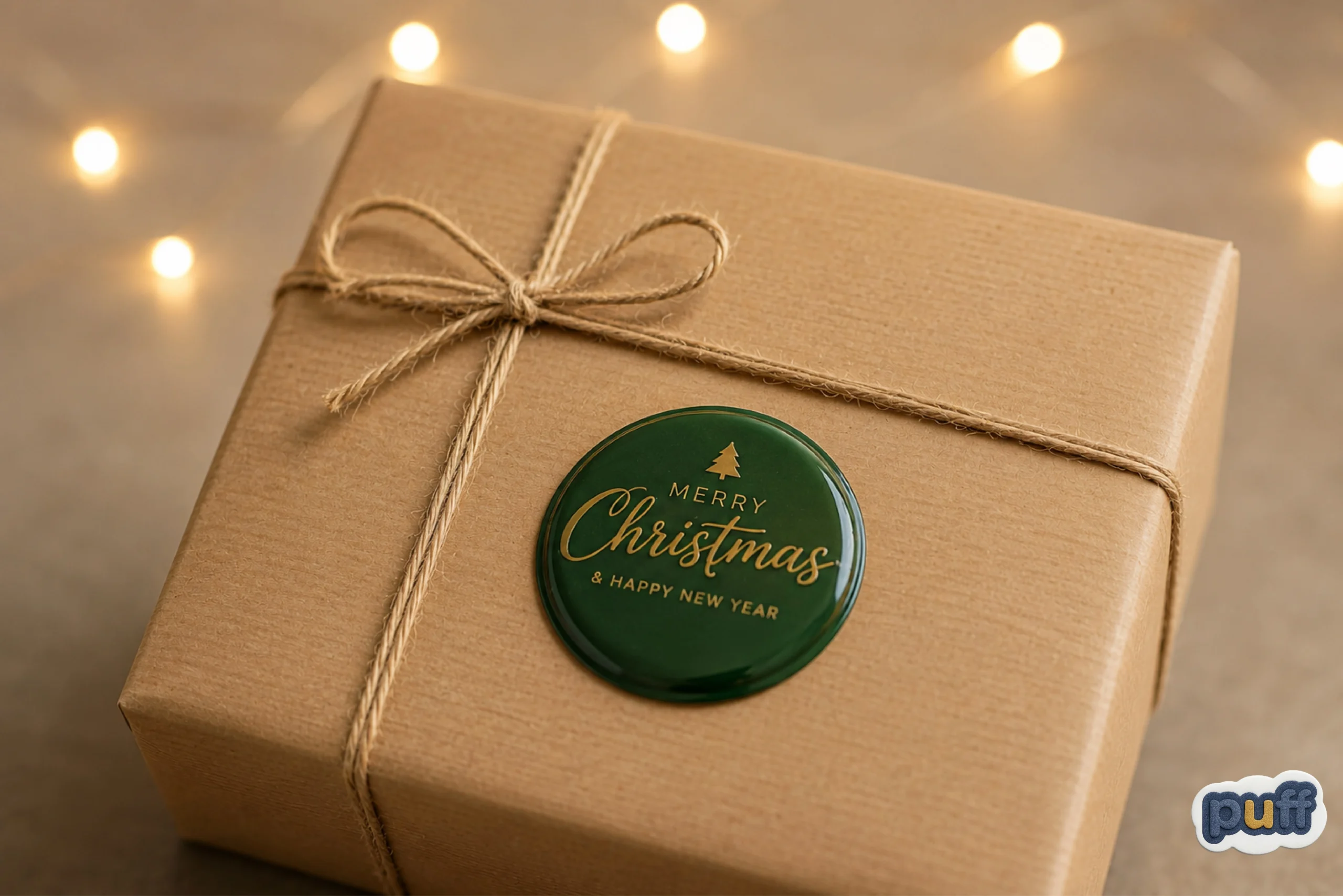 Custom green puffy Christmas sticker sealing a kraft paper holiday gift box with warm string lights in the background.