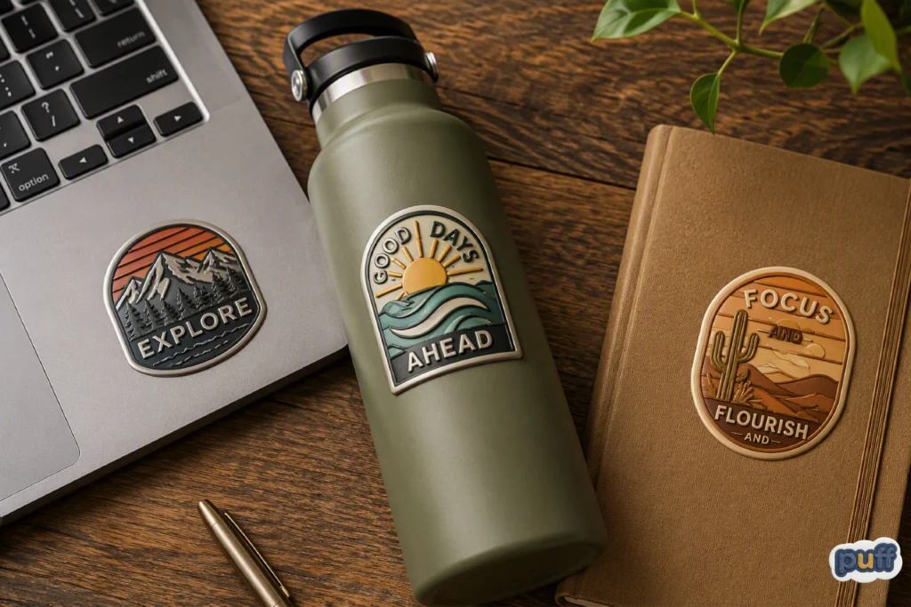 The Reflex to Touch a Raised Surface 4 Custom puffy stickers applied to a laptop, insulated water bottle, and journal, demonstrating dimensional sticker branding, product personalization, and durable everyday use.