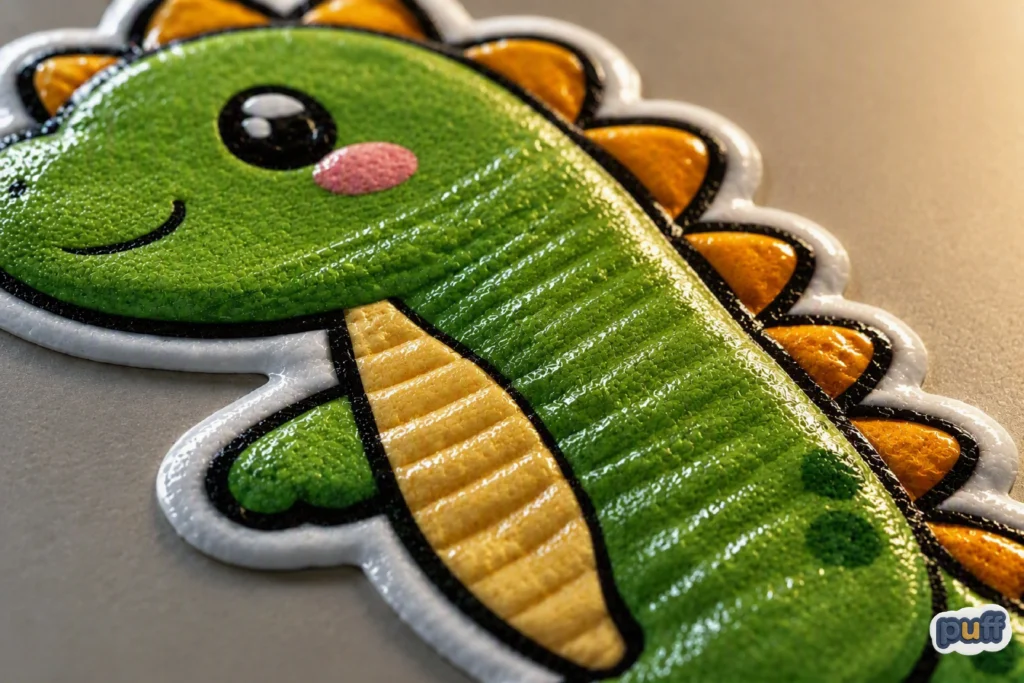 The Reflex to Touch a Raised Surface 5 Extreme macro close-up of a green dinosaur puffy sticker with glossy raised texture, embossed details, dimensional printing, and vibrant colorful finish.