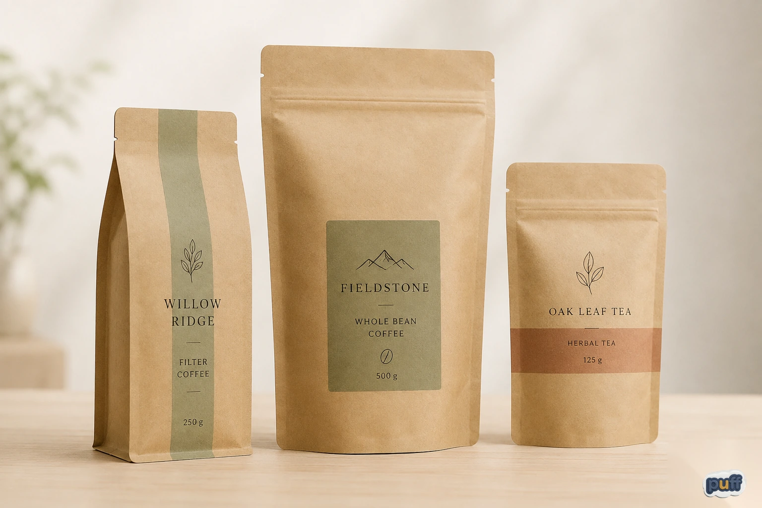 Eco-friendly kraft paper stand-up pouches for coffee and tea with natural matte paper texture, minimal branding, and sustainable packaging design.