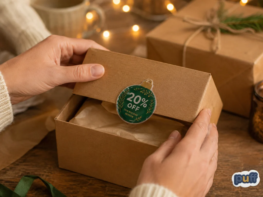 Hands opening a holiday gift box sealed with a custom green puffy promotional sticker in a warm festive setting.